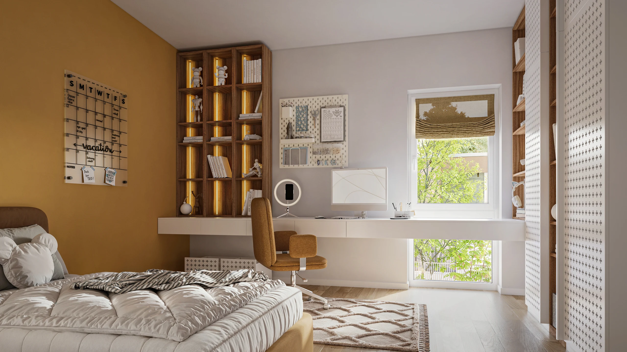 Musterwohnung 6 · Kinder- und Jugendzimmer mit Bett, Schreibtisch und Regal am Fenster