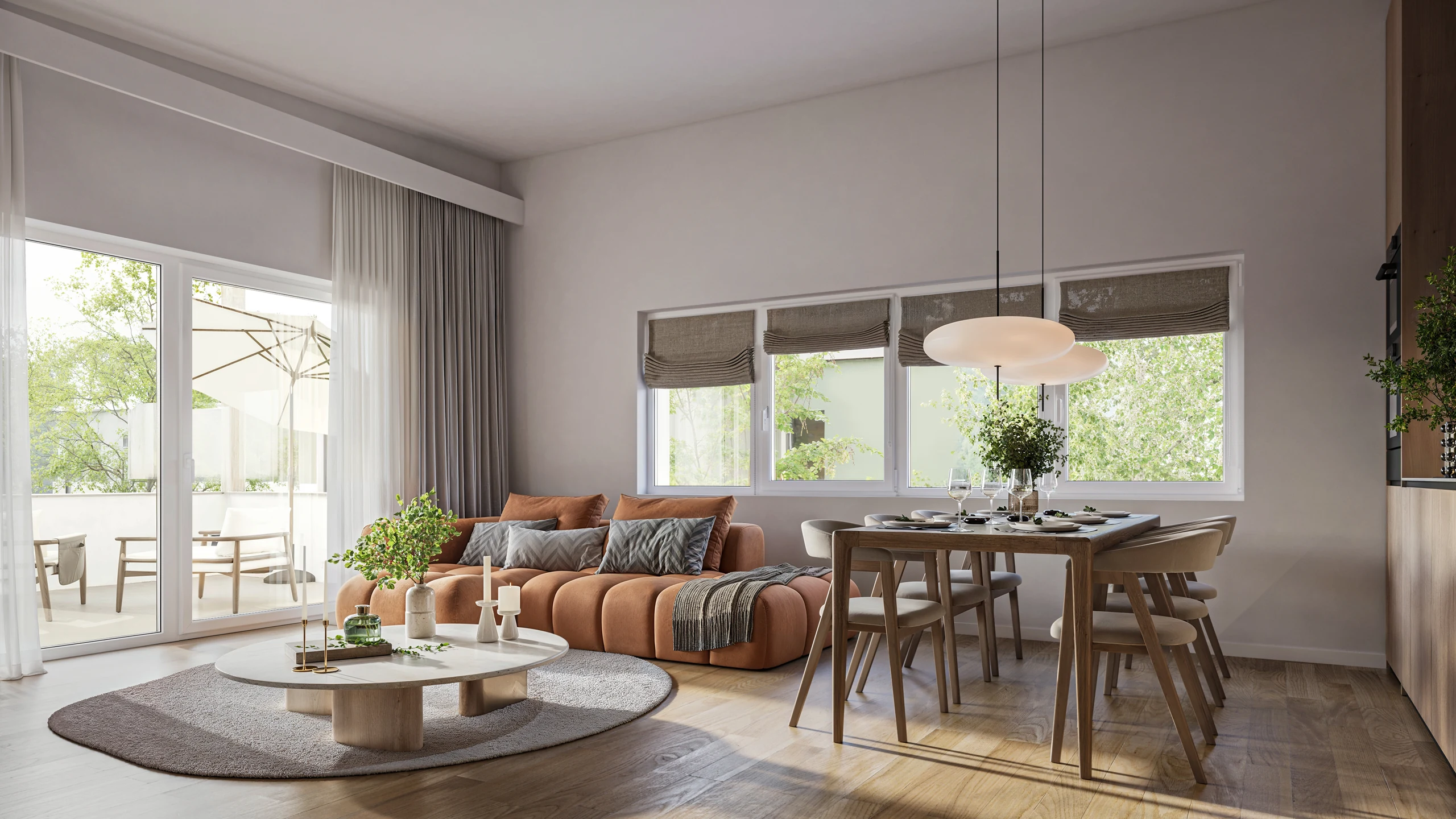 Musterwohnung 6 · offener Wohn- und Essbereich mit Küche und Terrasse
