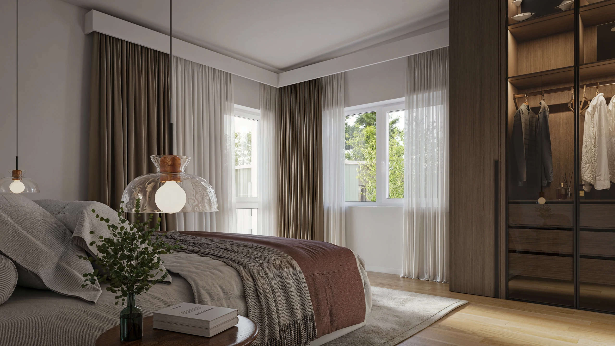 Musterwohnung 6 · Schlafzimmer mit Eckfenster und Blick ins Grüne
