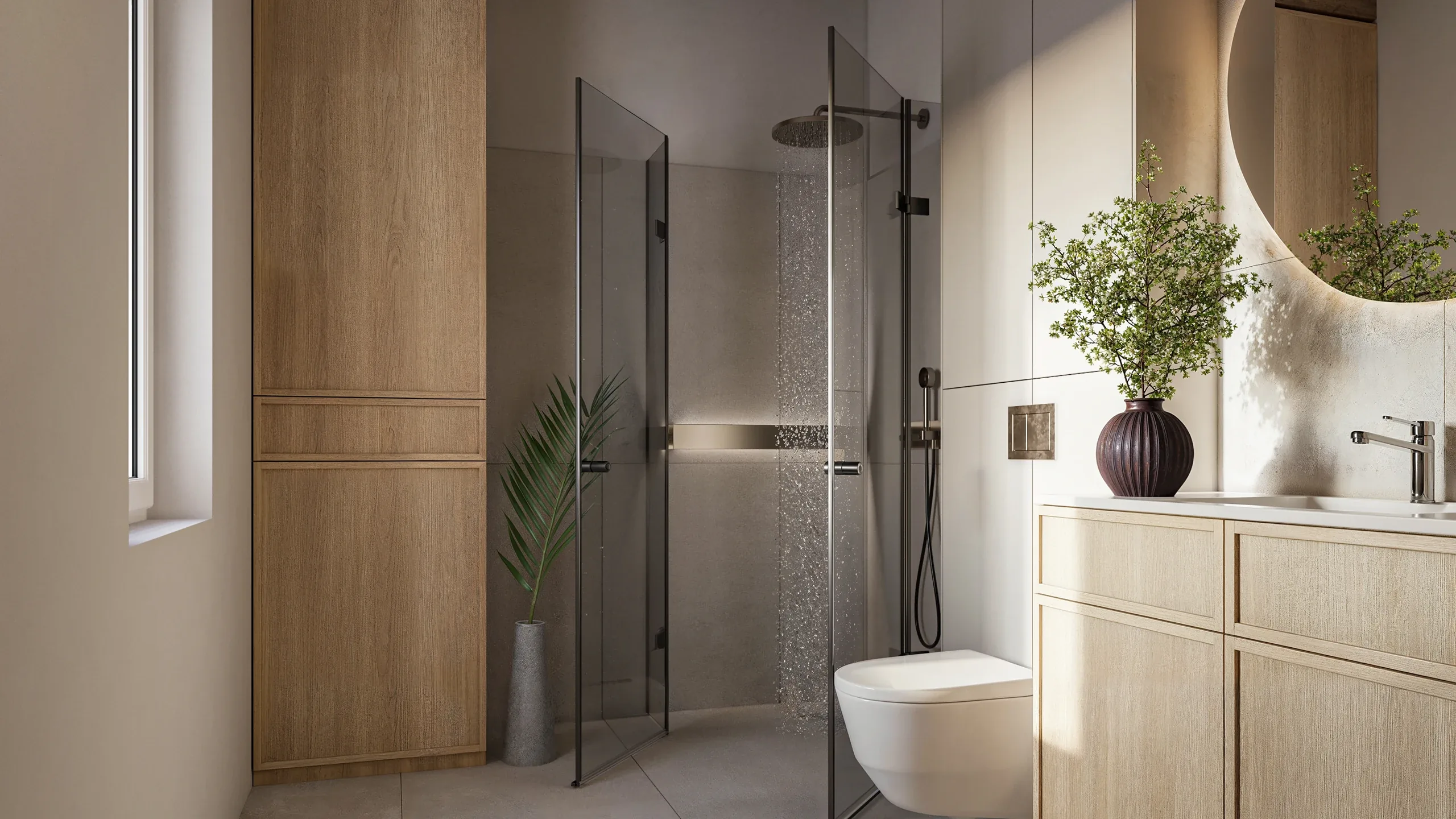 Musterwohnung 6 · Badezimmer mit Dusche, Waschtisch und Tageslicht